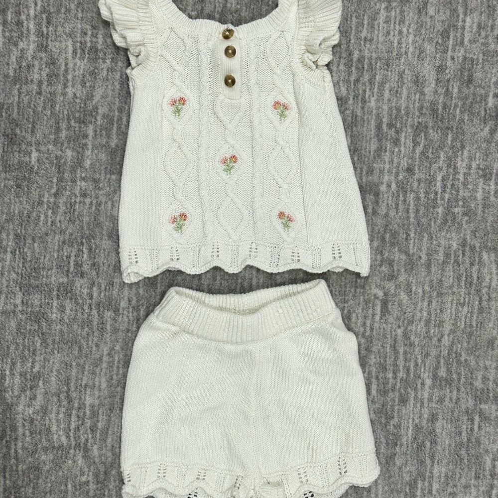 White Knit Baby Outfit with Floral Embroidery and Ruffle/Scallop edges